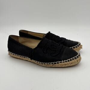 Chanel CC Logo Canvas Black Cap Toe Espadrilles Slip Ons Women's 40